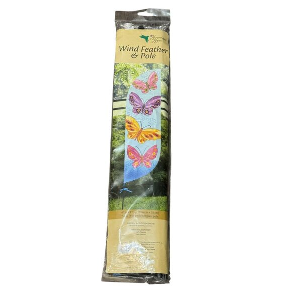 Hummingbird Haven Butterfly Wind Feather & Pole 40" X 11" Garden Flag - Picture 1 of 6